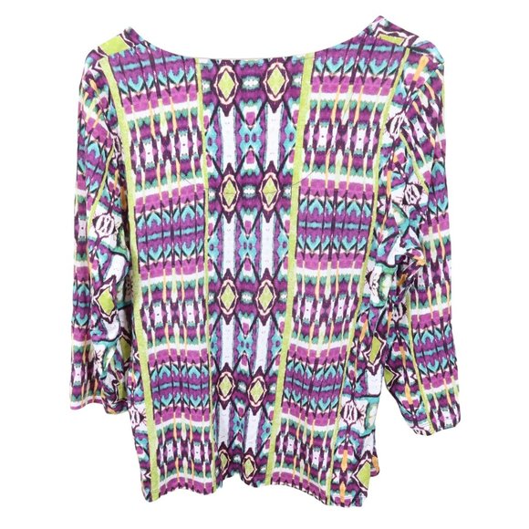 CHICOS 2 L Rayon Purple Green Abstract Print Ruffle Neck 3/4 Sleeve Knit Top - Picture 3 of 5